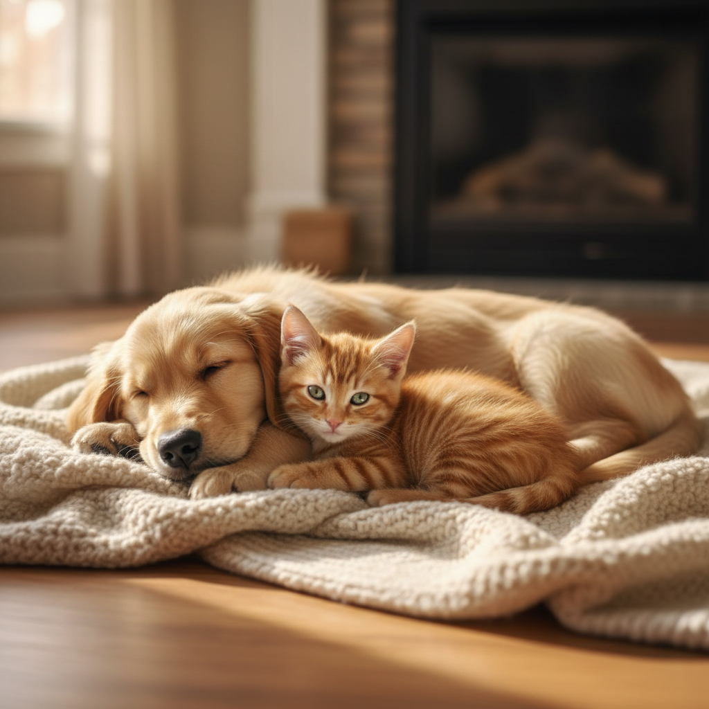 My Pets - Golden retriever puppy and ginger kitten cuddling