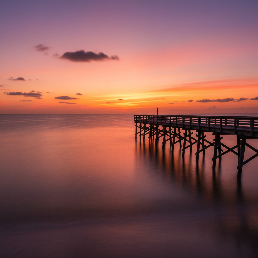 Sunsets & Skies - Stunning sunset over a calm ocean with wooden pier silhouette