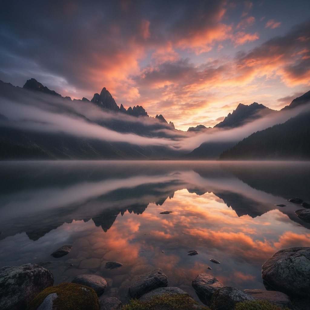 Nature & Landscapes - Misty mountains reflected in a still lake at sunrise